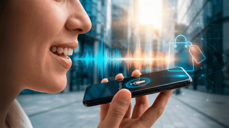 Gráfico futurista mostrando o crescimento das buscas por voz e IA em um smartphone com interface laranja.