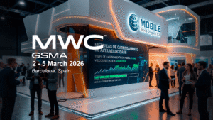 Painel interativo no MWC 2026 destacando a importância de conexões rápidas e sites de alta performance, com iluminação laranja.