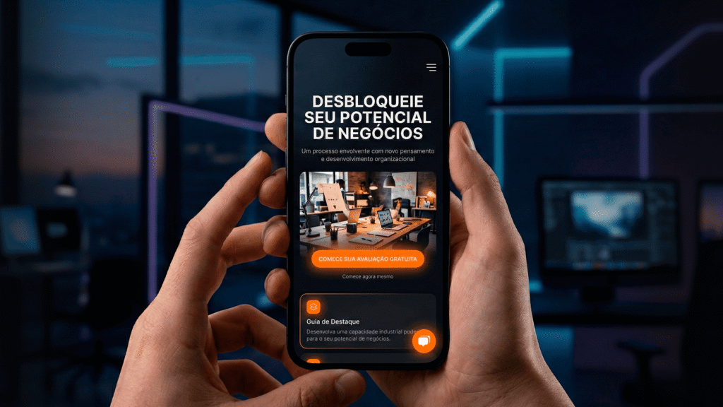 Smartphone exibindo uma página focada em conversão com elementos visuais em laranja moderno.