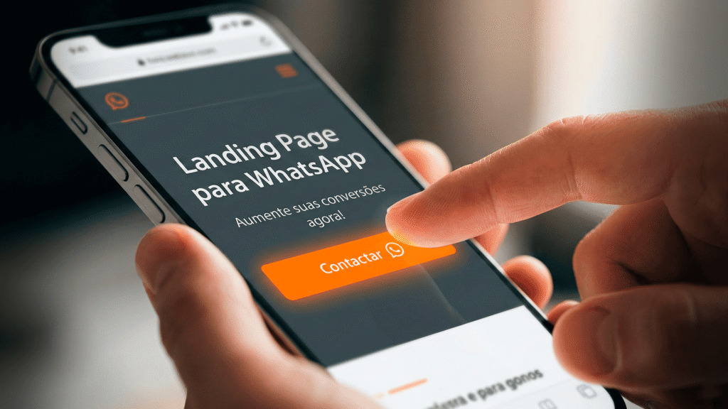 Homem segurando smartphone com tela mostrando uma página de vendas focada em conversão, com tons de laranja brilhante ao fundo.