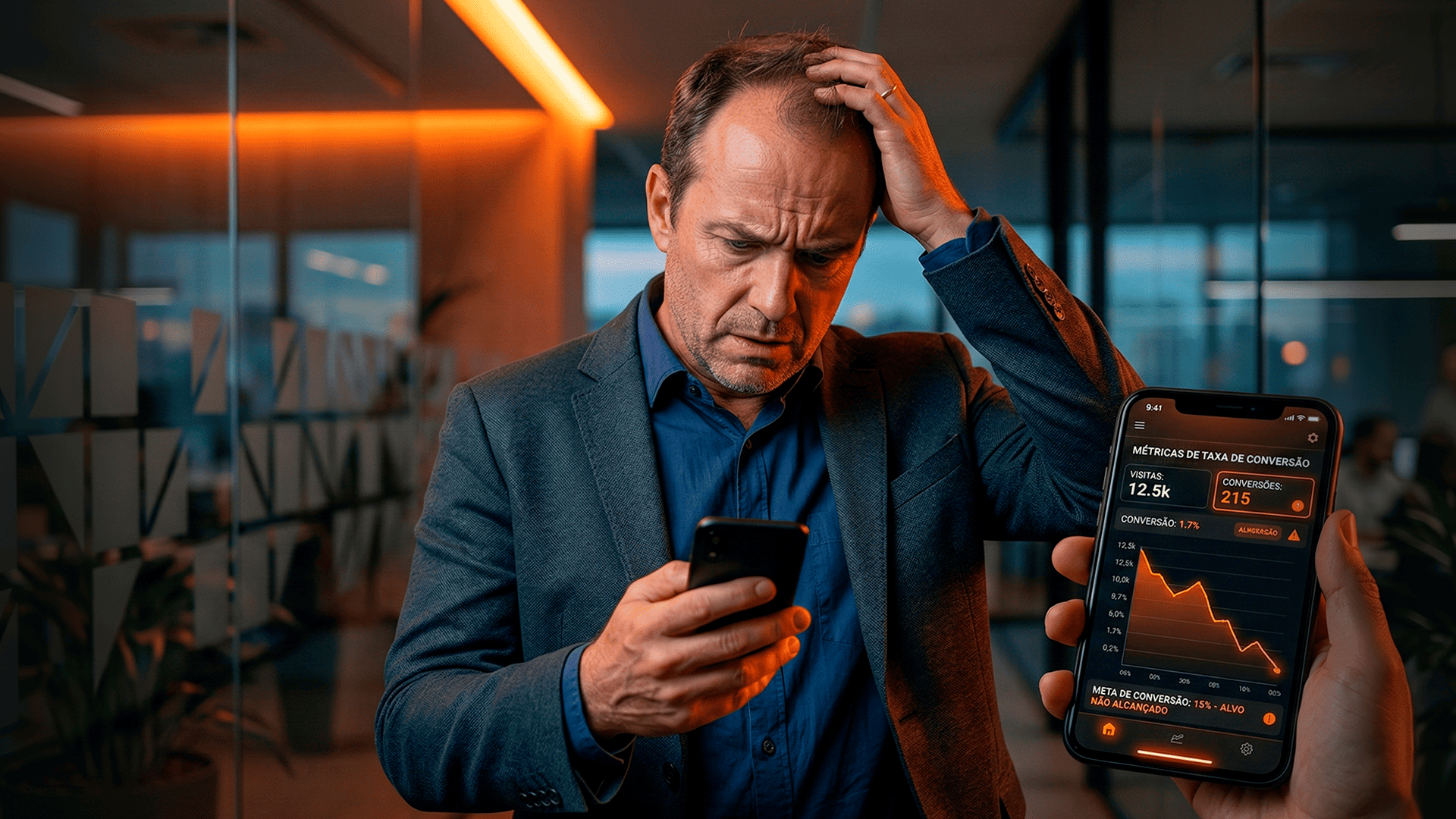 Homem de negócios frustrado olhando para um celular com um gráfico de vendas em queda, com iluminação laranja suave ao fundo.