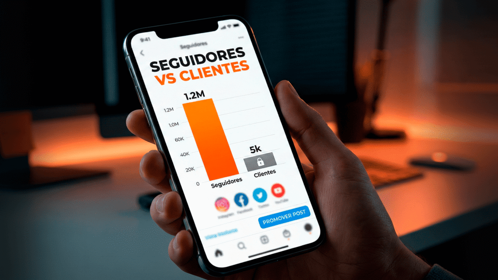 Close-up de uma tela de smartphone mostrando um gráfico de barras com a legenda 'Seguidores vs Clientes'. As barras de 'Seguidores' são altas e laranjas, e a barra de 'Clientes' é baixa e cinza, com um ícone de cadeado.