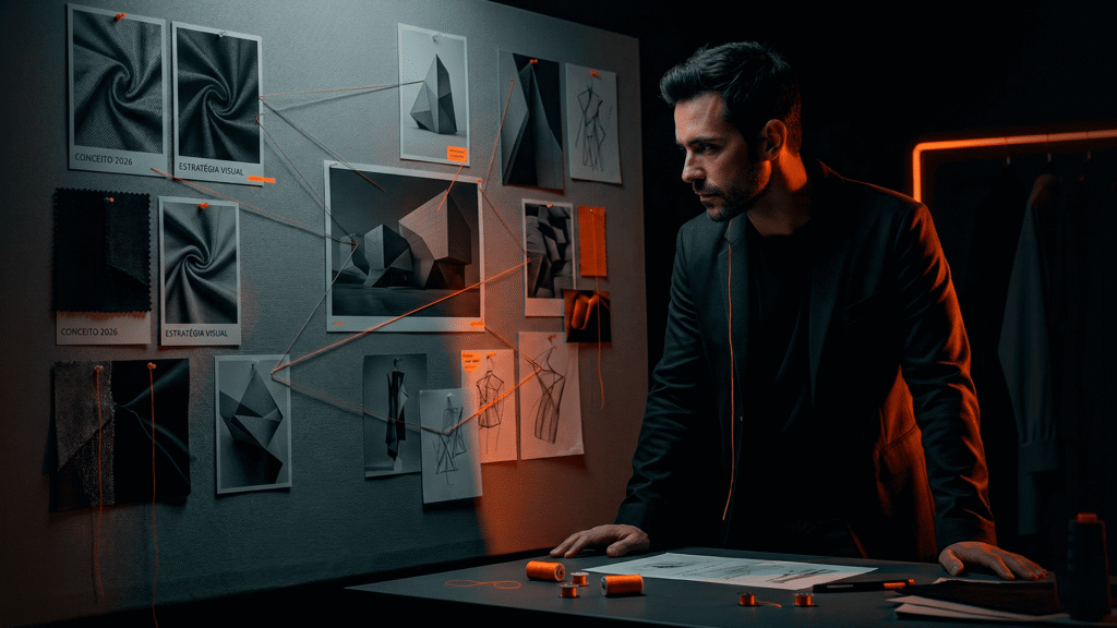 Bastidores conceituais de moda mostrando o planejamento de uma identidade visual premium com detalhes em laranja.