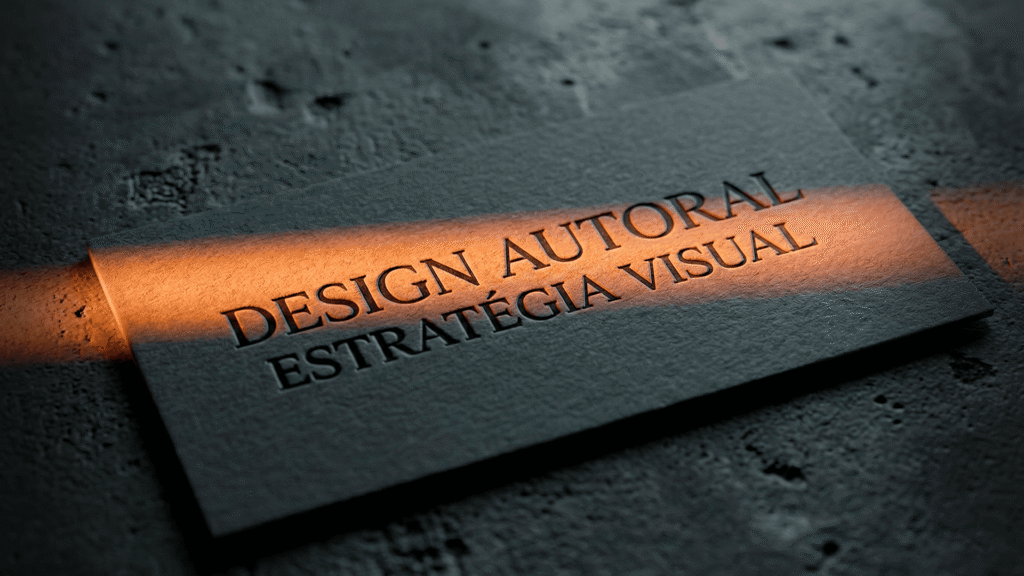 Cartão de visitas com textura sofisticada iluminado por luz laranja, representando uma marca autoral.