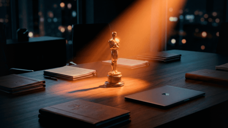 Troféu dourado em uma mesa de reunião iluminada, representando o Marketing do Oscar aplicado aos negócios.