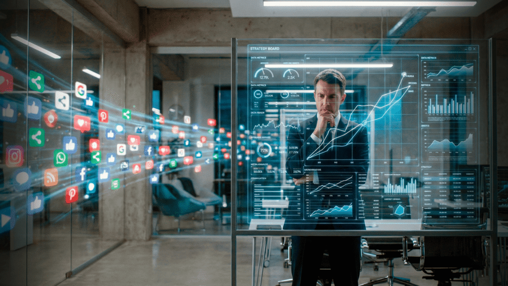 Empresário analisando dados holográficos sobre o cenário do marketing digital em 2026.