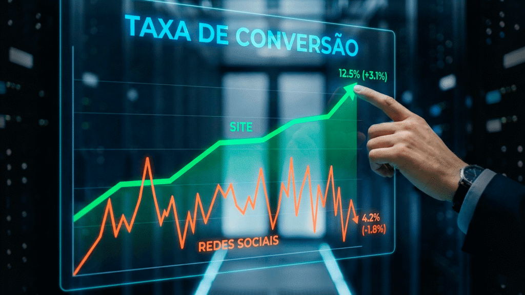 Painel de análise de dados mostrando a diferença de conversão entre Site ou Instagram.