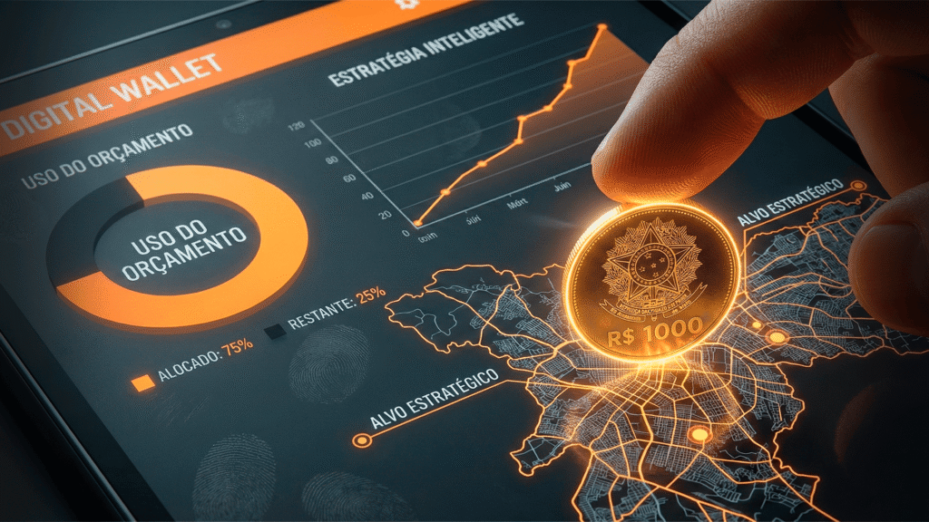 Estratégia de alocação de orçamento inicial no Google Ads ou Meta Ads.