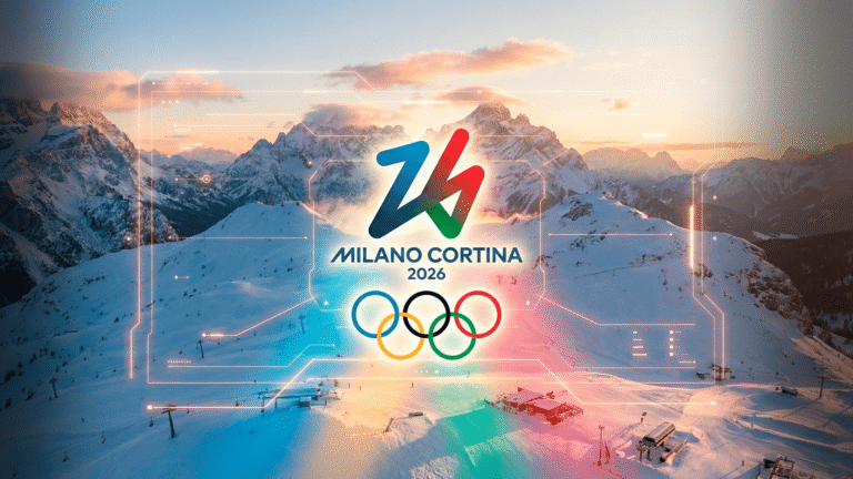 Painel digital com inspirações de Design Olímpico focado em minimalismo e sofisticação internacional, em tons suaves de laranja e gelo.