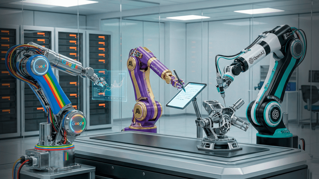 Robôs executando tarefas distintas representando as diferenças entre ChatGPT, Gemini ou Claude.