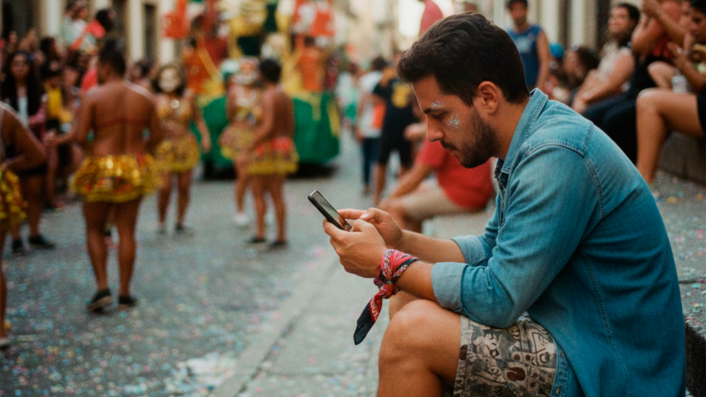 Pessoa utilizando smartphone durante o feriado de carnaval com confetes ao fundo focada na tela.