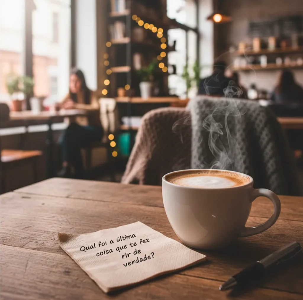 Mão escrevendo uma mensagem personalizada com caneta em um guardanapo de papel ao lado de uma xícara de café.