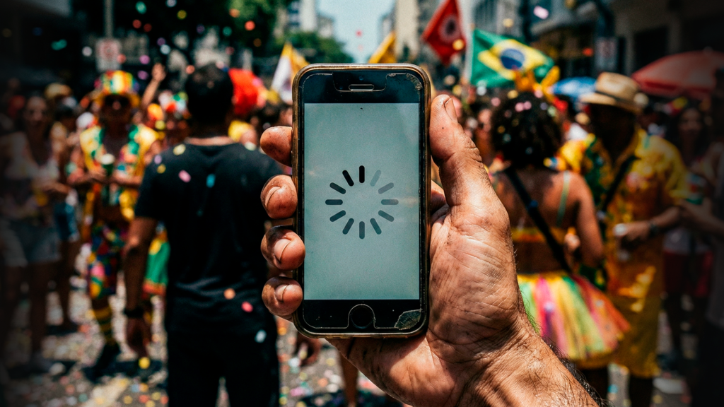 Pessoa tentando carregar um site lento no celular no meio de um bloco de carnaval.