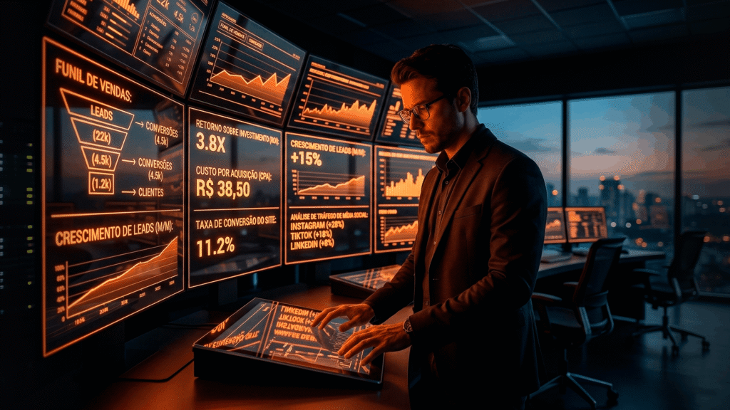 Estrategista em um ambiente escuro analisando telas com métricas de performance iluminadas por neon laranja.