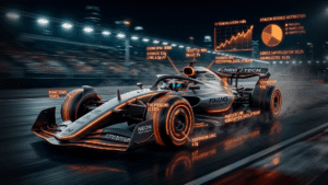 Carro de corrida em alta velocidade com gráficos holográficos de dados projetados no asfalto em tons de laranja.