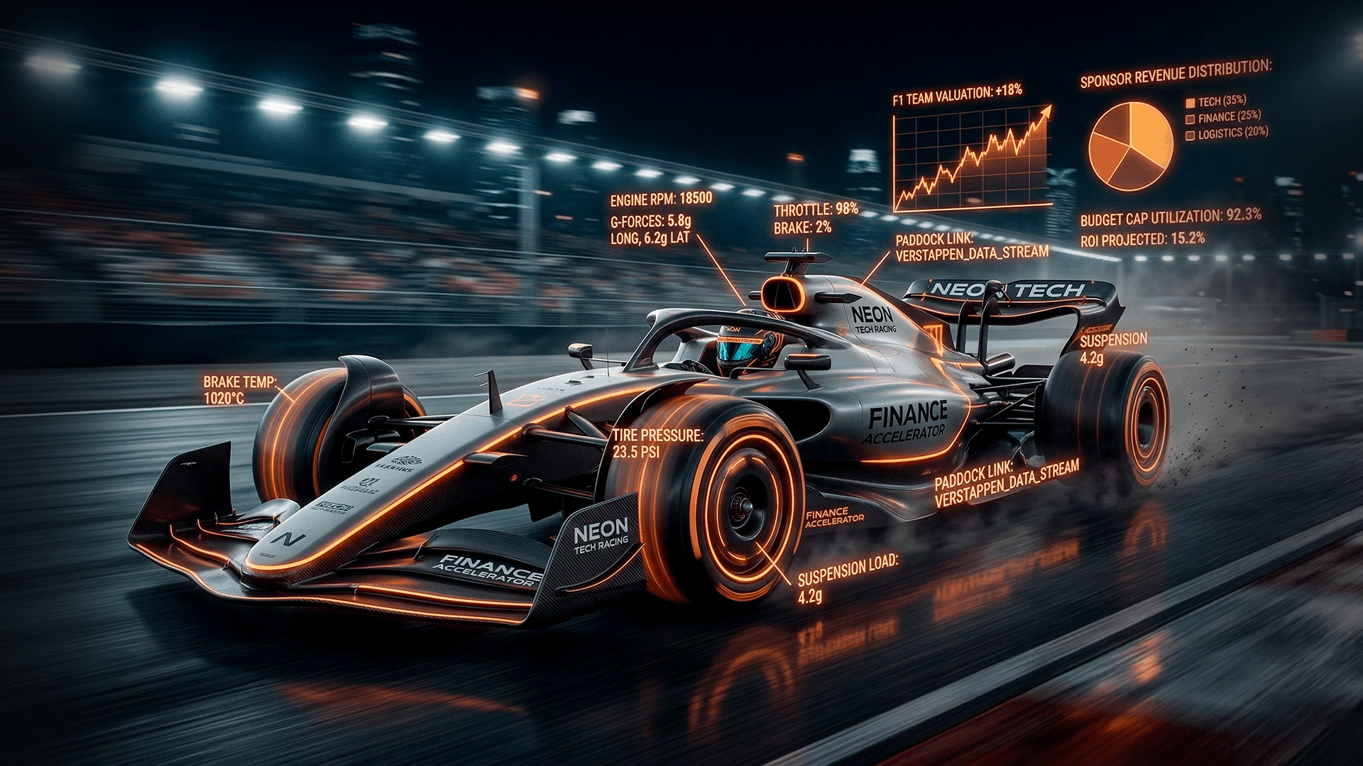 Carro de corrida em alta velocidade com gráficos holográficos de dados projetados no asfalto em tons de laranja.