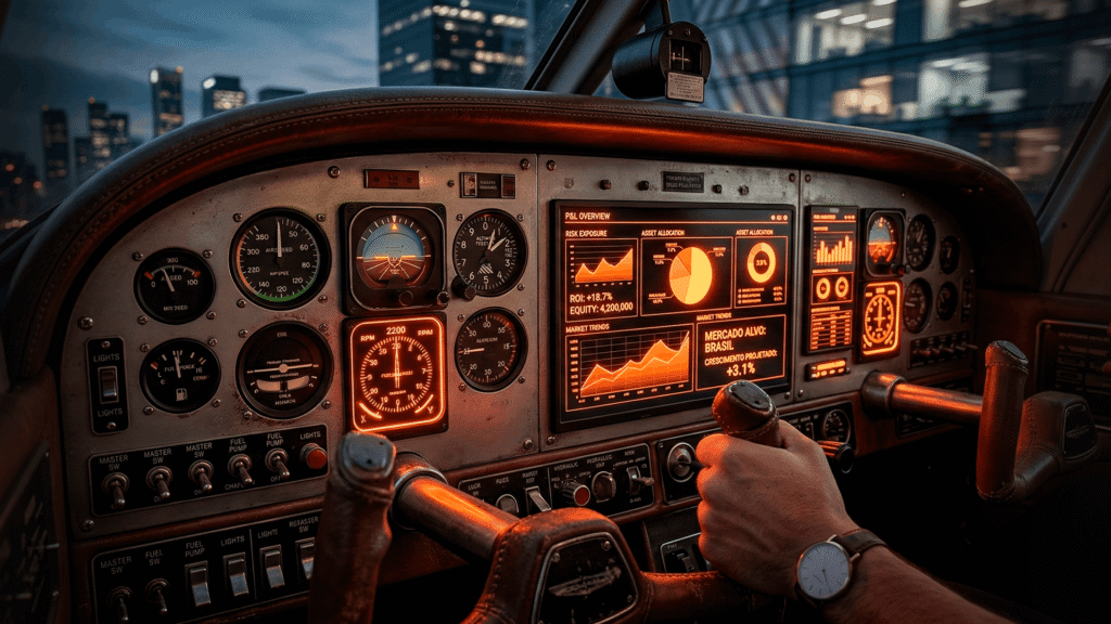 Painel de avião antigo modificado com telas digitais modernas iluminadas em laranja, representando o controle de métricas.