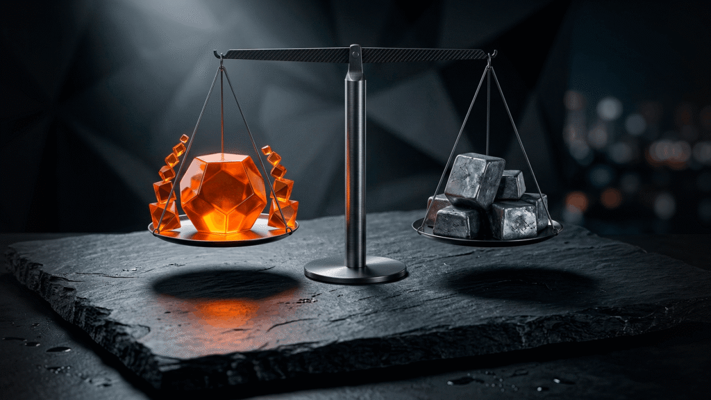 Balança moderna e minimalista em fundo escuro, pesando um peso laranja neon contra moedas de chumbo.