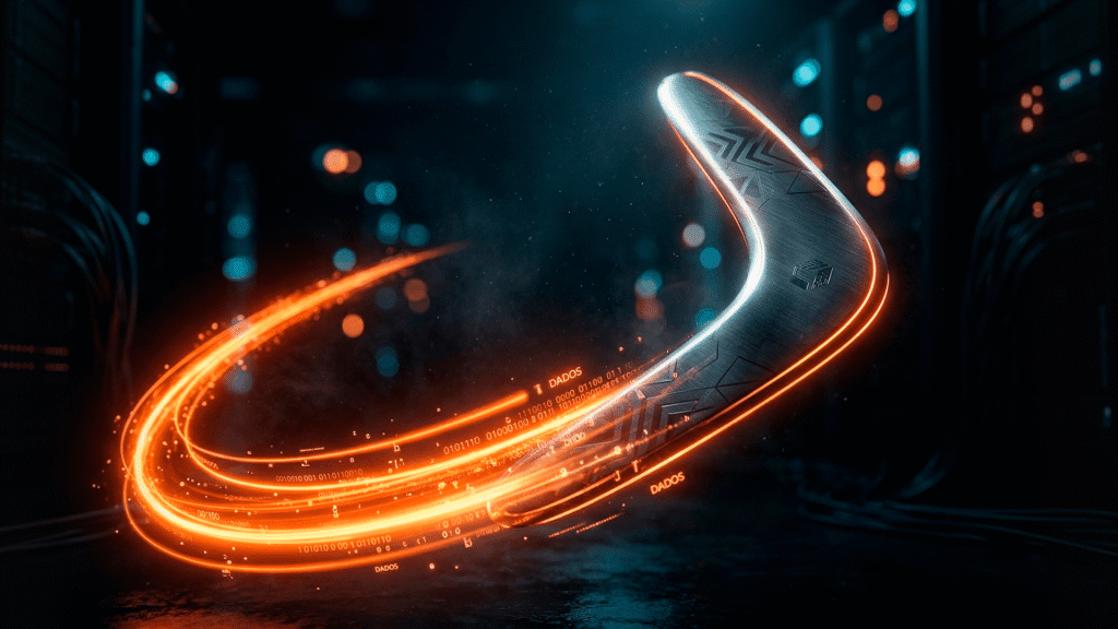 Bumerangue conceitual com rastro de luz laranja brilhante representando uma estratégia de remarketing retornando o cliente.