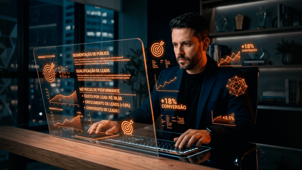 Estrategista digital focado criando campanhas em um ambiente escuro com projeções de dados em laranja neon.
