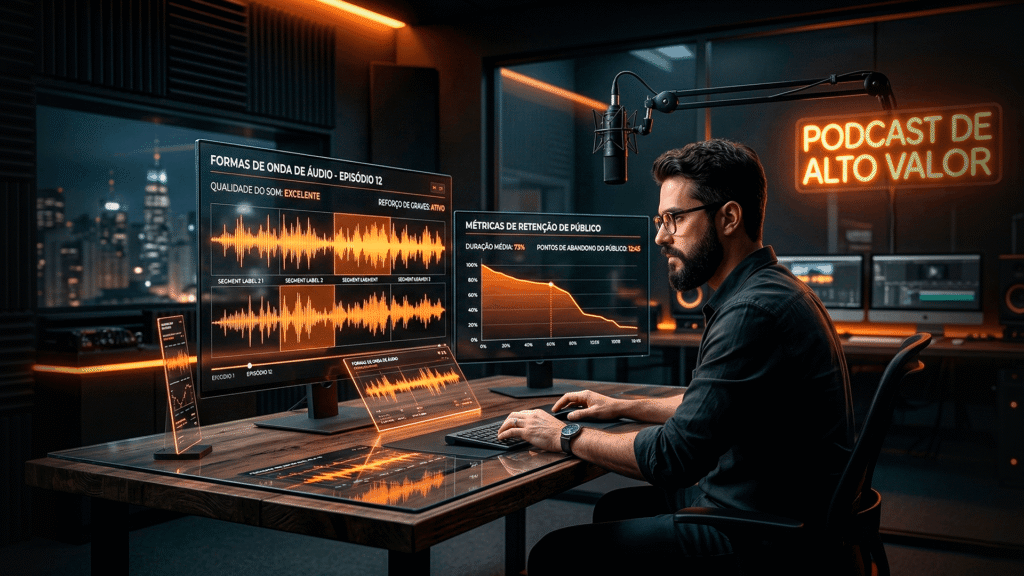 Ilha de edição audiovisual com telas exibindo ondas sonoras e métricas de retenção em um ambiente escuro e sofisticado.