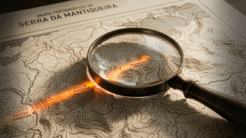 Lupa clássica de vidro sobre um mapa topográfico escuro com refração de luz laranja, ilustrando a busca por autoridade.