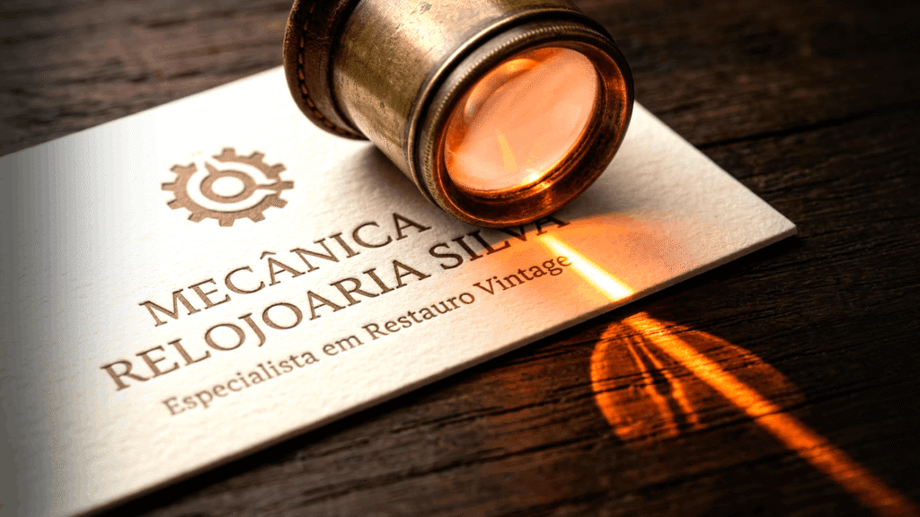 Lupa de relojoeiro sobre um cartão de visitas iluminado em laranja, representando uma auditoria de marca detalhada.