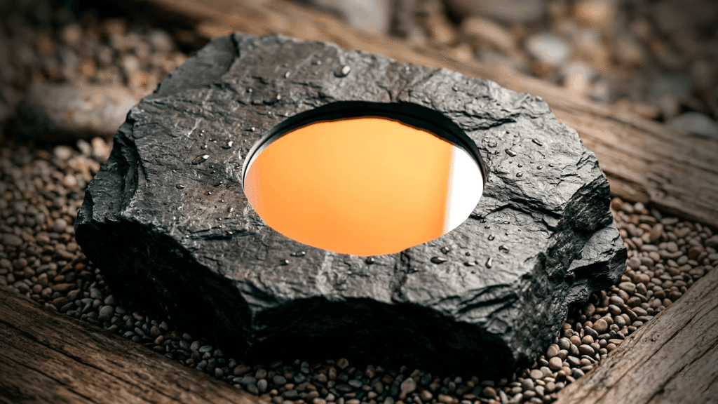 Espelho polido em uma pedra bruta refletindo luz laranja, simbolizando o alinhamento de identidade visual e posicionamento.