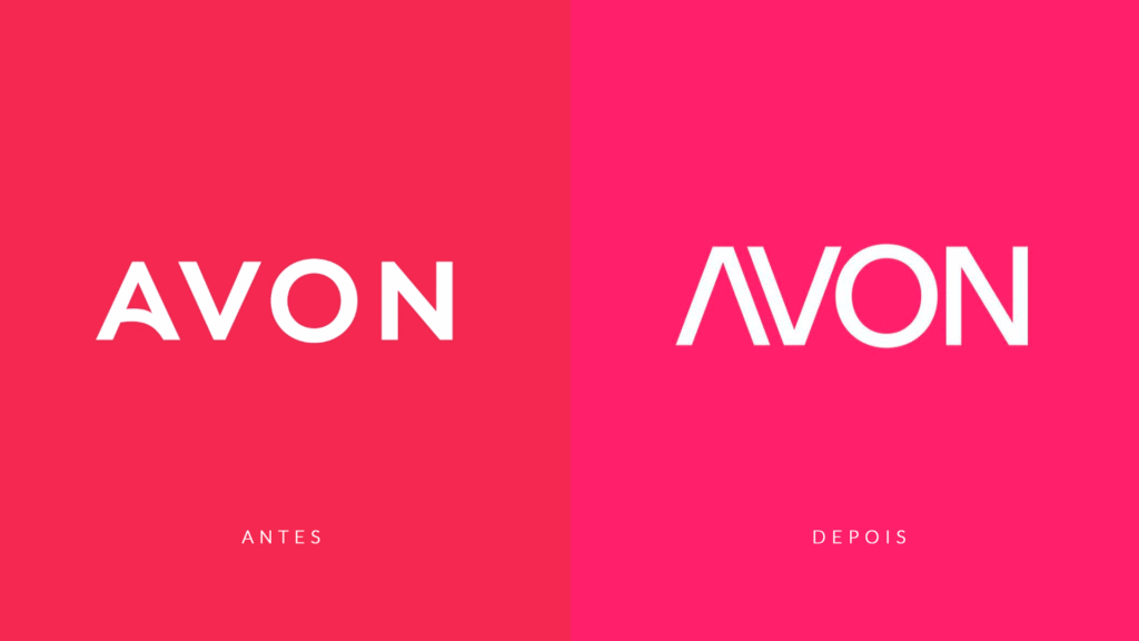 Comparativo do rebranding da Avon mostrando a transição para a nova identidade visual geométrica.