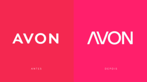 Comparativo do rebranding da Avon mostrando a transição para a nova identidade visual geométrica.