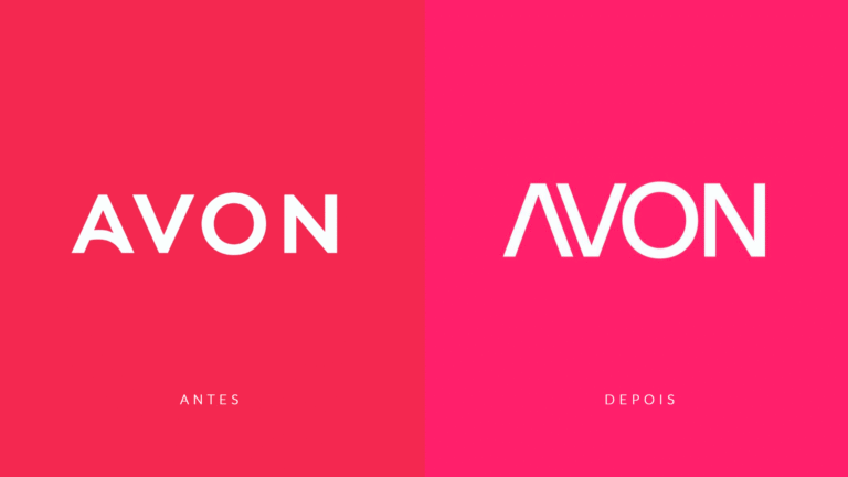 Comparativo do rebranding da Avon mostrando a transição para a nova identidade visual geométrica.