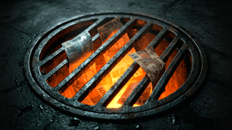 Cédulas de dinheiro escorrendo por um ralo de metal industrial escuro, iluminado por uma luz física laranja de advertência.