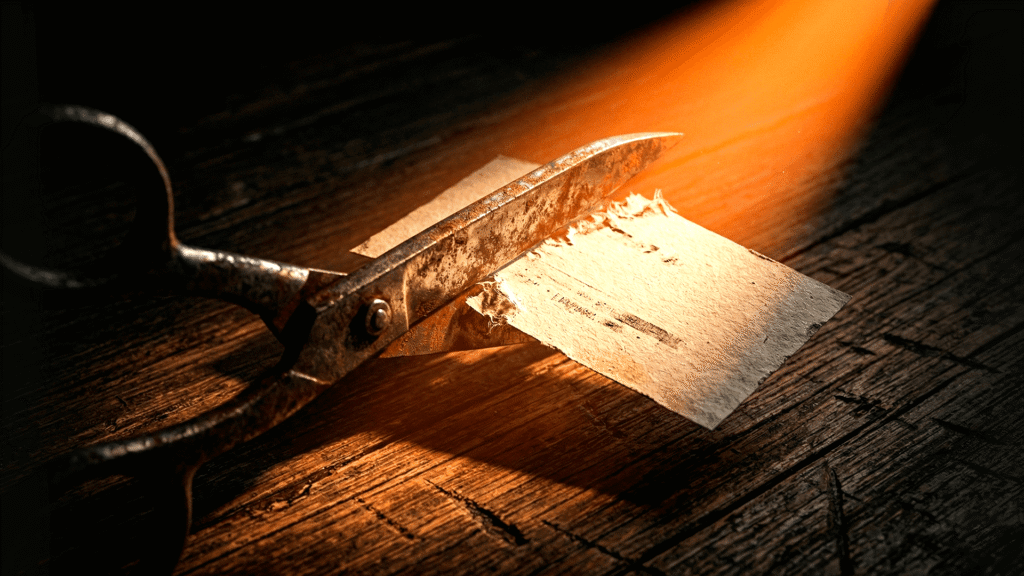 Tesoura de metal rústico cortando um cartão de visitas de baixa qualidade em uma mesa de madeira escura com luz laranja.