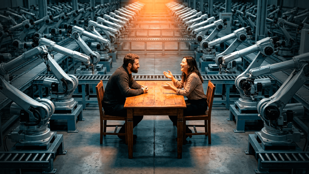 A conceptual, artistic shot of a vast, grey industrial warehouse filled with identical, cold silver robotic arms. In the center of the frame, a single, vibrant, warm wooden table where two people are sitting across from each other, engaged in an intense, authentic conversation. A spotlight of warm Orange light illuminates the table, making it pop against the desaturated, mechanical background.