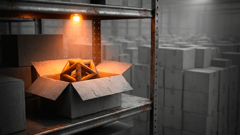 Armazém logístico escuro com milhares de caixas cinzas idênticas ao fundo, e uma escultura de madeira única sob luz laranja em destaque no primeiro plano.