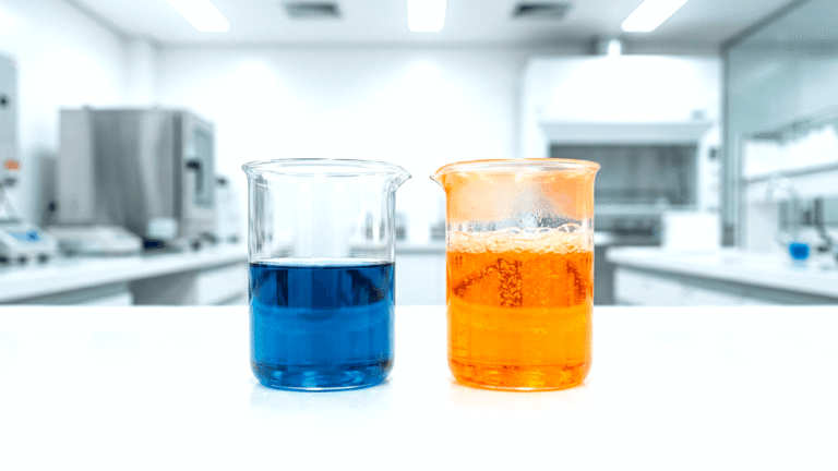 Dois béqueres de vidro idênticos em um laboratório branco e limpo; o da esquerda contém líquido azul calmo, o da direita contém líquido laranja efervescente
