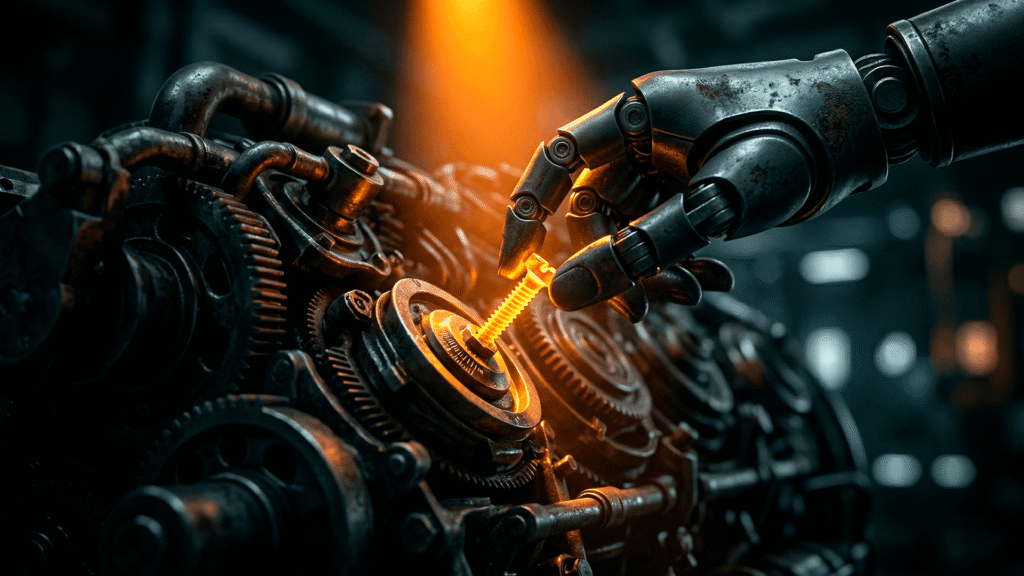  macro, photorealistic shot of a high-precision mechanical hand made of dark matte metal, delicately adjusting a tiny, glowing golden screw on a massive, complex industrial engine. A single, sharp spotlight of intense Orange light focuses on the point of contact, creating dramatic shadows and highlighting the metallic textures. A metaphor for tactical optimization and Test A/B precision. 8k, cinematic lighting, shallow depth of field.