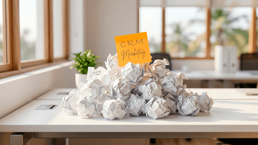 Uma mesa de escritório branca e limpa. No centro, um único post-it laranja vibrante escrito CRM e Marketing se destaca em meio a uma pilha caótica de papéis brancos amassados.