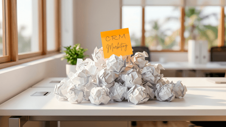 Uma mesa de escritório branca e limpa. No centro, um único post-it laranja vibrante escrito CRM e Marketing se destaca em meio a uma pilha caótica de papéis brancos amassados.