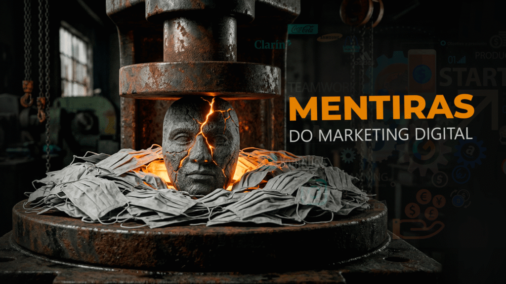 Uma prensa hidráulica rústica esmagando milhares de máscaras de papel cinza idênticas, enquanto uma única máscara de pedra esculpida brilha com luz laranja interna e o titulo com marketing digital