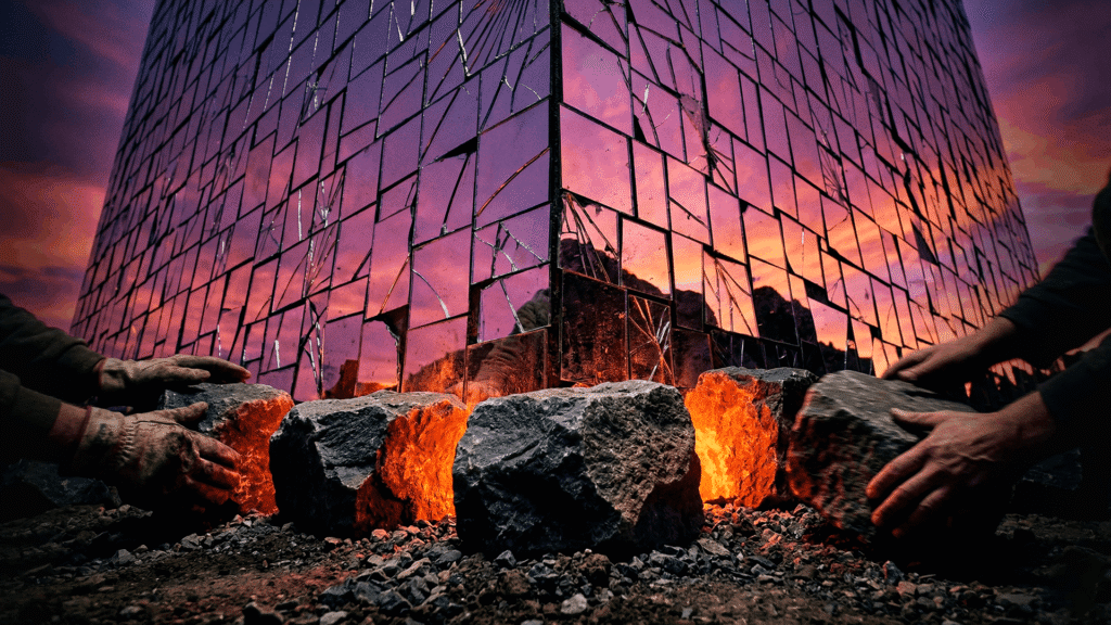 Uma muralha imensa e frágil feita apenas de espelhos refletindo um pôr do sol falso. Na base, mãos humanas colocam pedras pesadas e sólidas que emitem calor laranja. Representando o marketing digital.