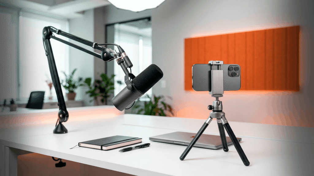 Configuração profissional de gravação de vídeos curtos para negócios, com microfone de estúdio, smartphone em tripé e iluminação laranja indireta em uma mesa branca e limpa.