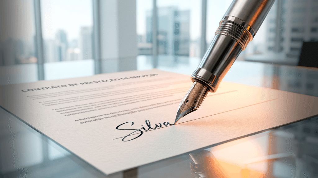 Caneta-tinteiro premium assinando um contrato de prestação de serviços sobre uma mesa de vidro, refletindo o sucesso da estratégia de vídeos curtos para negócios.