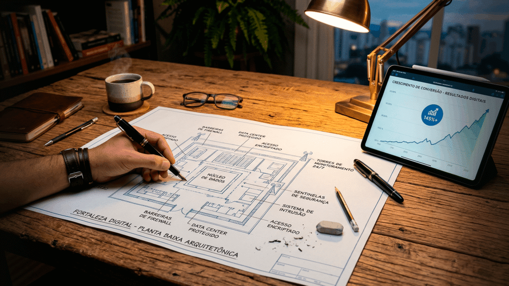 Blueprint de uma landing page sendo desenhada sobre uma mesa, simbolizando a construção de um ambiente seguro para captação de leads.