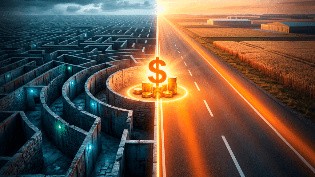 Site institucional ou Landing Page? Representação visual de um labirinto confuso comparado a um caminho brilhante e direto, ilustrando a diferença de conversão na internet.