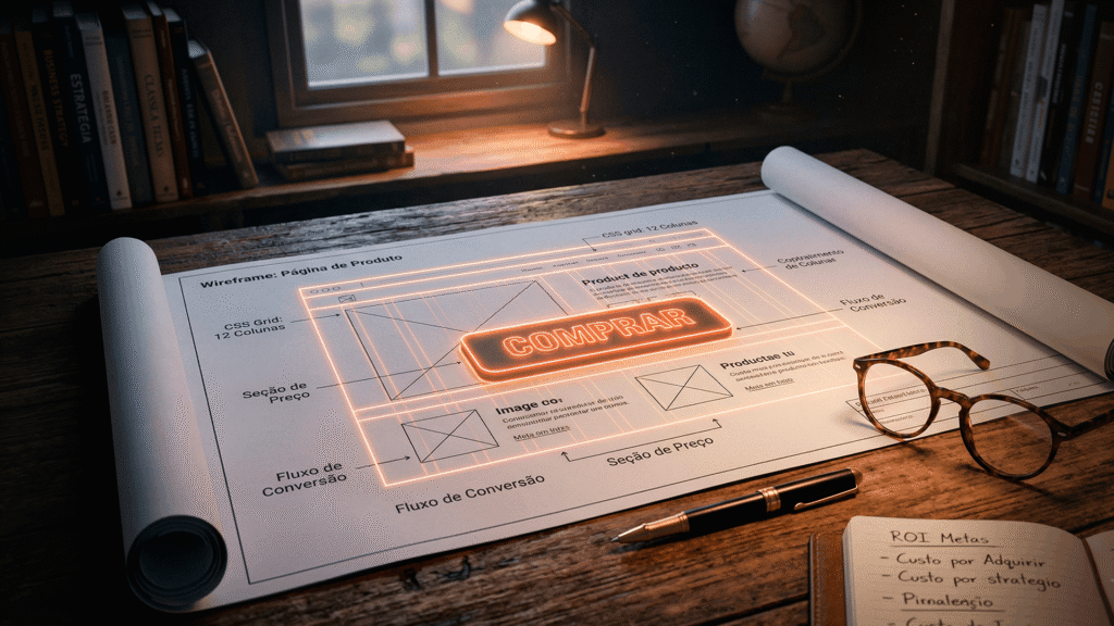 Site institucional ou Landing Page? Mesa de trabalho de um estrategista com um projeto focado em um botão de comprar, representando alta conversão em páginas de venda.