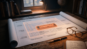 Site institucional ou Landing Page? Mesa de trabalho de um estrategista com um projeto focado em um botão de comprar, representando alta conversão em páginas de venda.