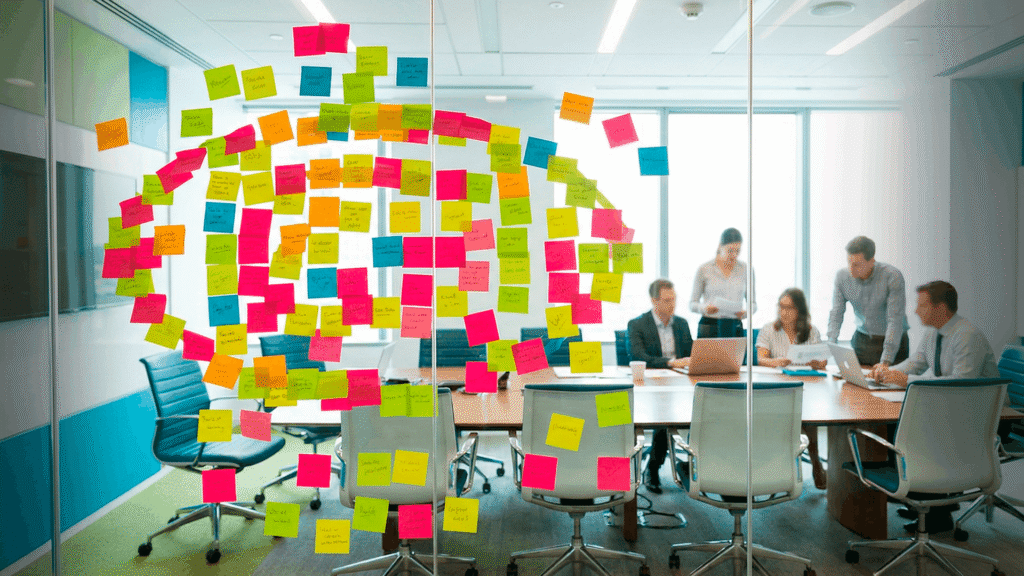 Mesa de reunião corporativa clara e iluminada com post-its desorganizados formando o formato de uma bola de futebol.