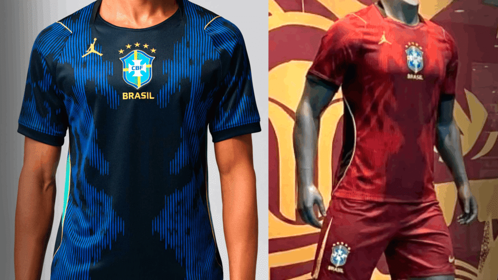 Comparativo mostrando a camisa azul da Seleção com a polêmica estampa de demônio e o modelo vermelho rejeitado, evidenciando o fiasco do marketing da Nike na Copa.