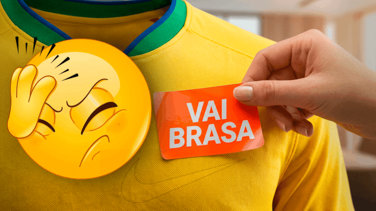 Camisa amarela da Seleção Brasileira com um adesivo laranja escrito "Vai Brasa" colado de forma amadora, simbolizando a falta de conexão e o erro no marketing da Nike.